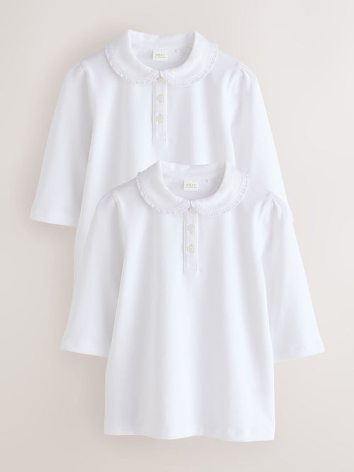 White 2 pack Girls Cotton Stretch Three Quarter Sleeve Frill Collar School Polo Tops (3-16yrs)
