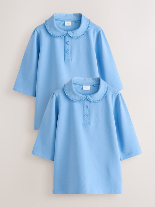 Blue 2 pack Girls Cotton Stretch Three Quarter Sleeve Frill Collar School Polo Tops (3-16yrs)