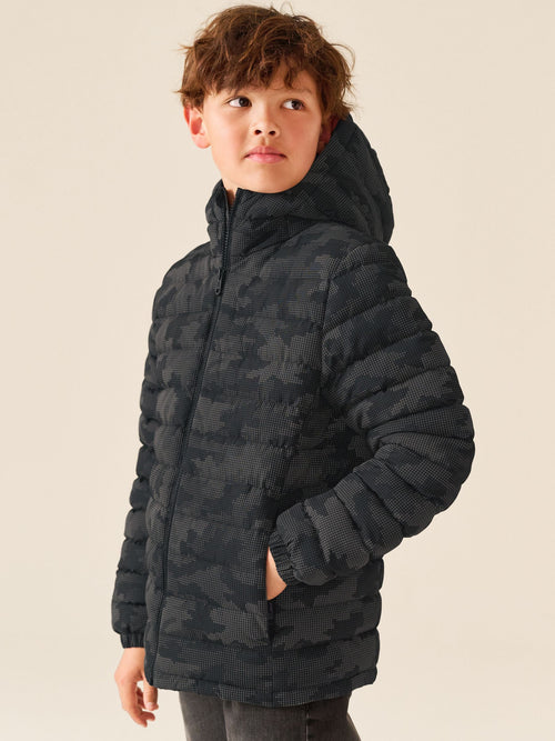 Grey Reflective Quilted Midweight Hooded Jacket (3-17yrs)