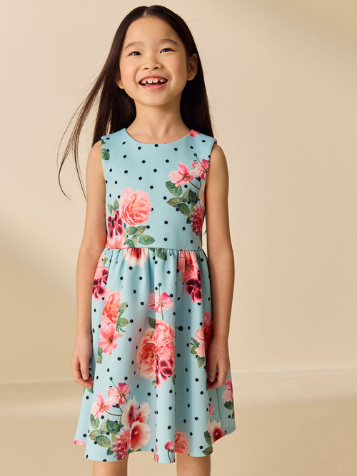 Blue Floral Spot Scuba Occasion Dress (3-16yrs)