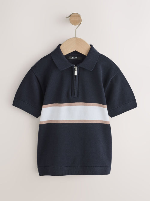Navy Blue Colour Block Knitted Zip Neck Polo Shirt (3-16yrs)