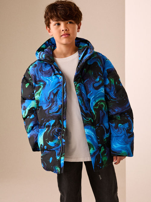 Blue/Black Graphic Waterproof Padded Coat (3-17yrs)