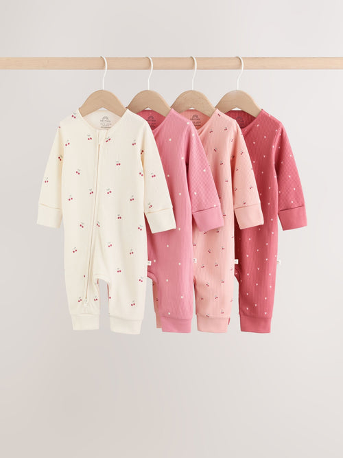 Pink Cherry Print 4 Pack Two Way Zip Baby Sleepsuits (0mths-3yrs)