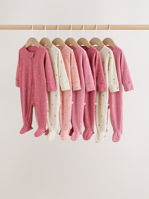 Pink Cherry Print 7 Pack Two Way Zip Baby Sleepsuits (0mths-3yrs)