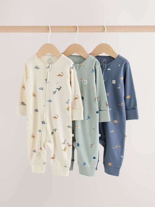 Blue 3 Pack Two Way Zip Baby Sleepsuits (0mths-3yrs)
