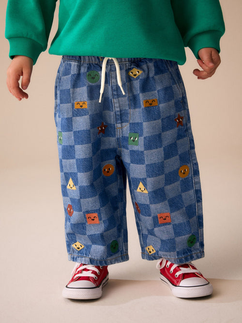 Mid Blue Checkerboard With All Over Embroidery Wide Fit Jeans (3mths-7yrs)