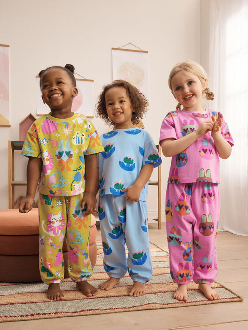 Pink/Blue Cat/Floral Jogger Pyjamas 3 Pack (9mths-12yrs)