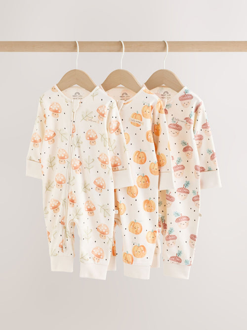 Neutral 3 Pack Two Way Zip Baby Sleepsuit (0mths-3yrs)