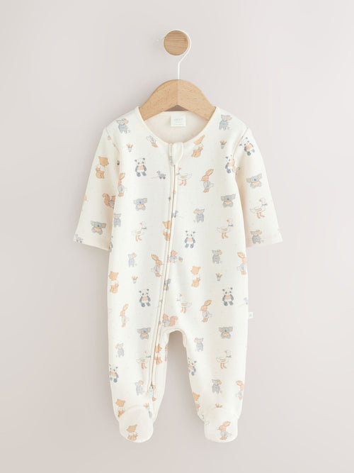 Neutral Animal Fleece Lined Two Way Zip Baby Sleepsuit