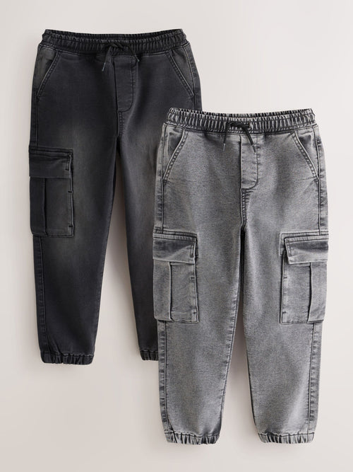 Black/Grey Loose Fit Elasticated Waist Denim Cargos 2 Pack (3-16yrs)