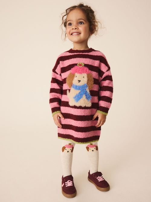 Pink Stripe Dog Jacquard Knitted Jumper Dress And Tights Set (3mths-7yrs)