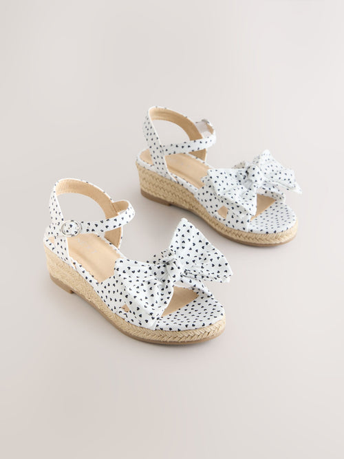 White Heart Print Bow Wedge Sandals
