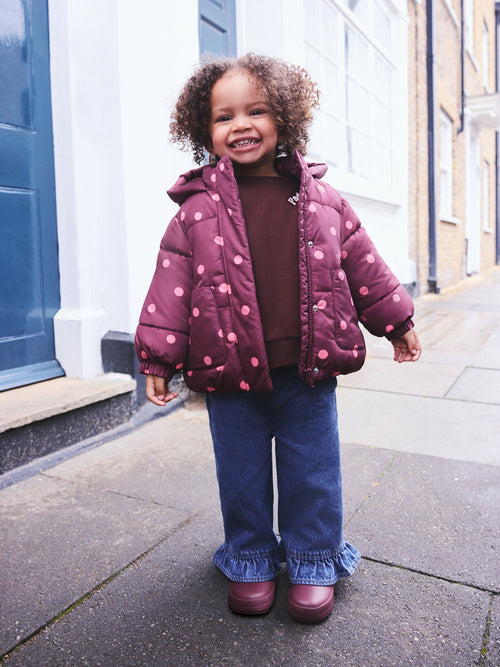 Burgundy Polka Dot Shower Resistant Padded Coat (3mths-7yrs)