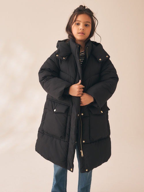 Black Shower Resistant Faux Fur Lined Padded Coat (3-16yrs)
