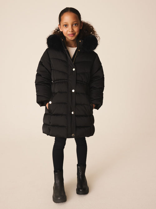 Black Shower Resistant Faux Fur Trim Padded Coat (3-16yrs)