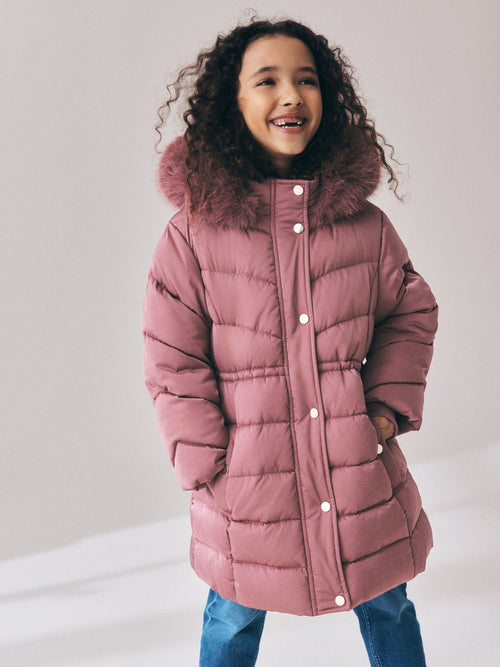 Pink Shower Resistant Faux Fur Trim Padded Coat (3-16yrs)