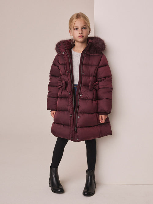Berry Red Bow Detail Shower Resistant Padded Coat (3-16yrs)