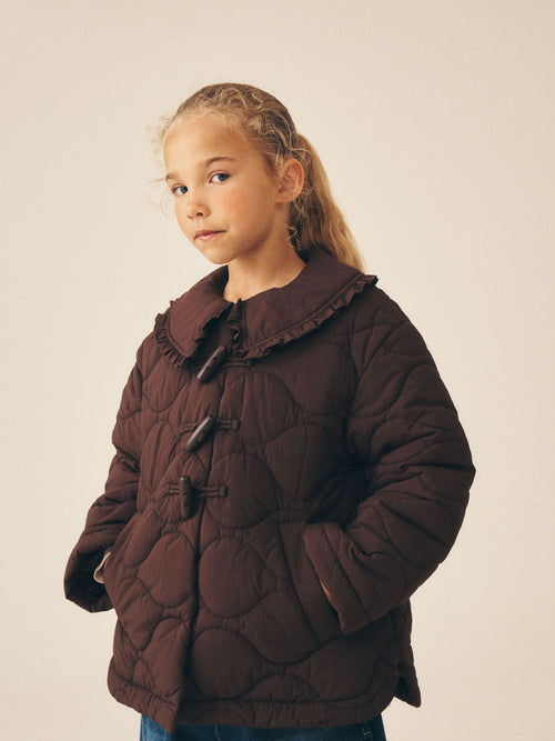 Chocolate Brown Shower Resistant Frill Collar Quilted Jacket (4-13yrs)