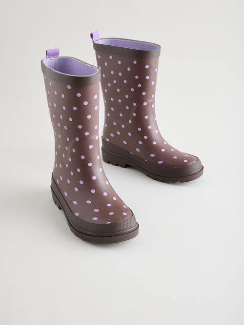Chocolate Brown and Purple Polka Dot Standard Fit (F) Wellies
