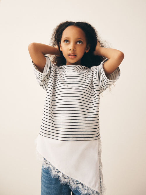 Grey Stripe Asymmetric Lace Hem T-Shirt (3-16yrs)