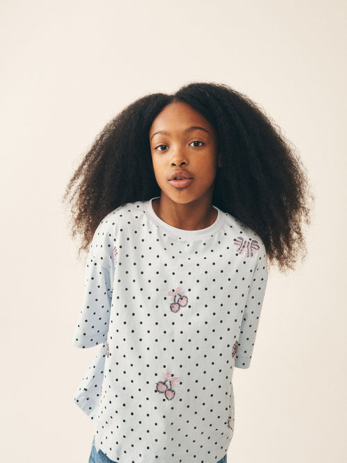 Light Blue Polka Dot Bow Beaded T-Shirt (3-16yrs)