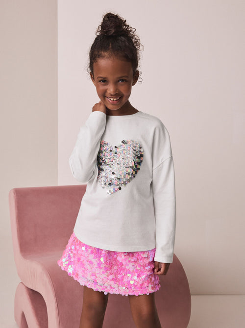 White Long Sleeve Sequin Heart Top (3-16yrs)