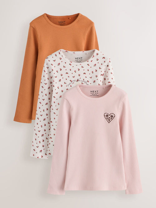 Pink Ditsy Long Sleeve Ribbed Top 3 Pack (3-16yrs)