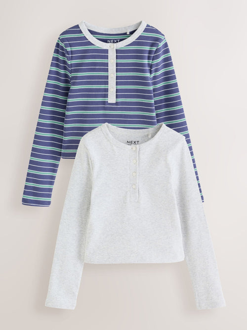 Grey Stripe Long Sleeve Button Tops 2 Pack (3-16yrs)