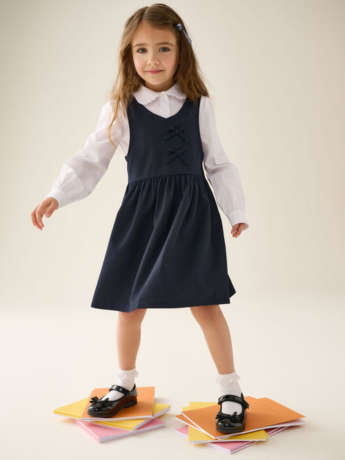 Navy Blue Asymmetric Bow Front School Pinafore Dress (3-14yrs)