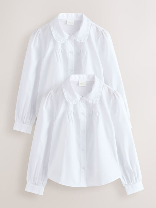 White Girls Long Sleeve Ruffle Collar School Shirts 2 Pack (3-14yrs)