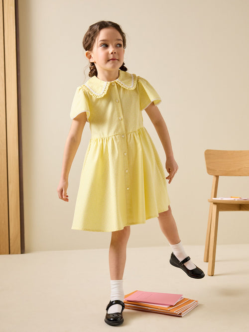 Yellow Gingham Cotton Rich Angel Sleeve School Dress (3-14yrs)