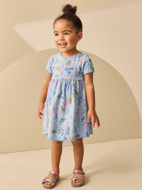Blue Unicorn Short Sleeve Ribbed Dress (3mths-7yrs)