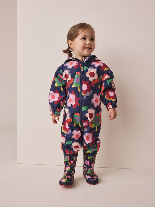 Navy Flowers Waterproof Fleece Lined Puddlesuit (3mths-7yrs)