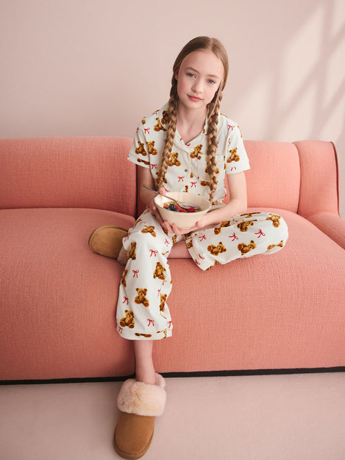 Ecru/Brown Ecru Brown Bear Print Button Through Pyjamas (3-16yrs)
