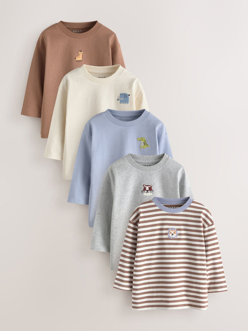 Brown/Cream Animal Embroidery Long Sleeve T-Shirts 5 Pack (3mths-7yrs)