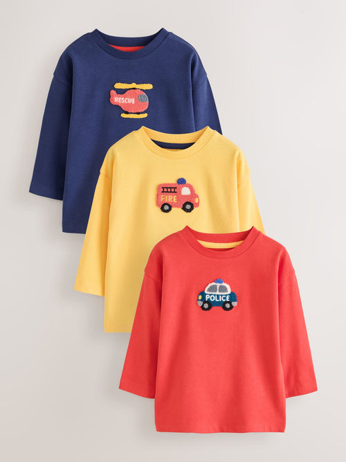Multi Bright Transport Long Sleeve Applique T-Shirts 3 Pack (3mths-7yrs)