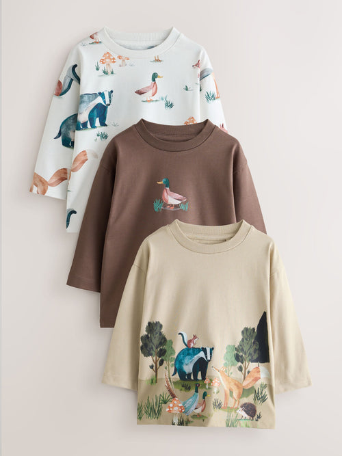 Neutral/Tan Woodland Watercolour Long Sleeve Graphic T-Shirts 3 Pack (3mths-7yrs)