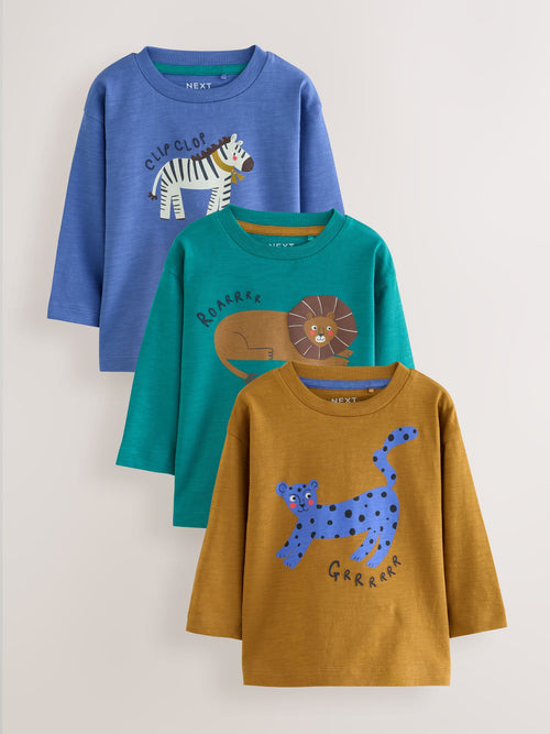 Green/Blue Animal Long Sleeve Graphic T-Shirts 3 Pack (3mths-7yrs)