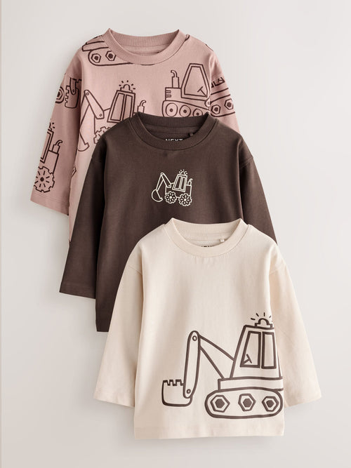 Neutral Digger Long Sleeve Graphic T-Shirts 3 Pack (3mths-7yrs)