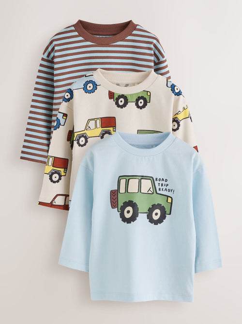 Blue Stripe Car Long Sleeve Graphic T-Shirts 3 Pack (3mths-7yrs)