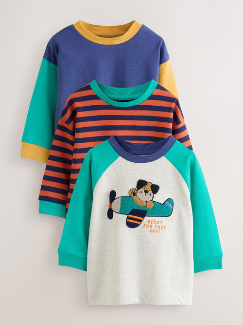 Red/Navy/Green Airplane Dog Long Sleeve Applique T-Shirts 3 Pack (3mths-7yrs)