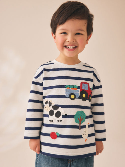 Cream/Navy Stripe Farm Embroidery Long Sleeve Appliqué T-Shirt (3mths-7yrs)