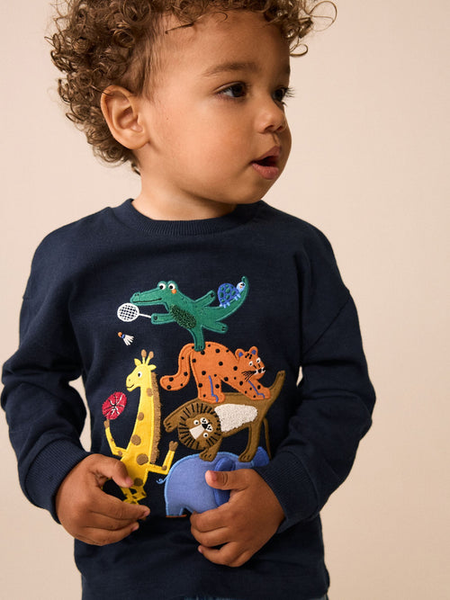 Dark Navy Safari Animal Long Sleeve Appliqué T-Shirt (3mths-7yrs)