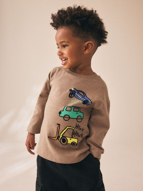 Brown Transport Long Sleeve Back Graphic T-Shirt (3mths-10yrs)