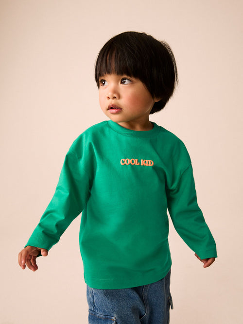 Bright Green Cool Kid Slogan Long Sleeve Small Graphic Printed T-Shirt (3mths-7yrs)
