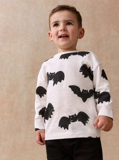 White/Black Bat All Over Print Long Sleeve Halloween T-Shirt (3mths-7yrs)