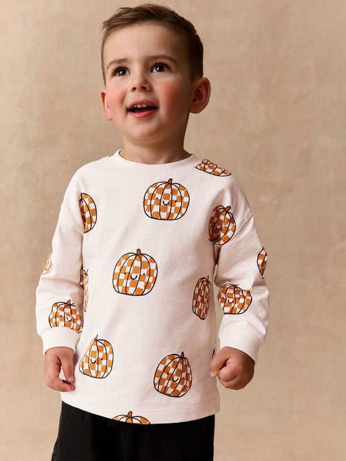 Cream Checkerboard Pumpkin Long Sleeve Halloween T-Shirt (3mths-7yrs)