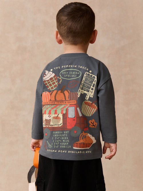 Charcoal Grey Autumn Pumpkin Truck Long Sleeve Back Graphic T-Shirt (3mths-10yrs)