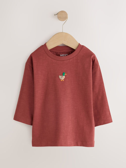 Berry Red Duck Long Sleeve Embroidered T-Shirt (3mths-7yrs)