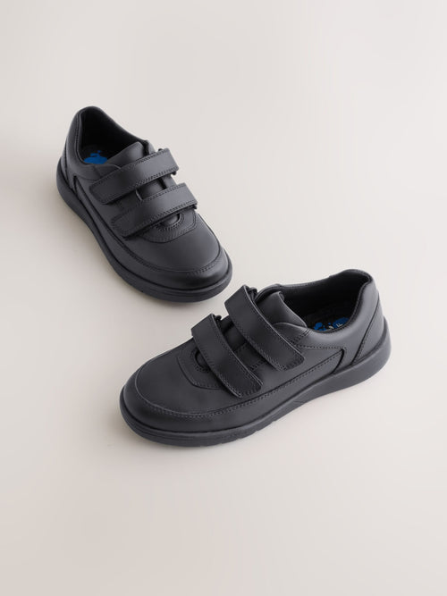 Black Leather 2 Strap Touch Fastening School Shoes